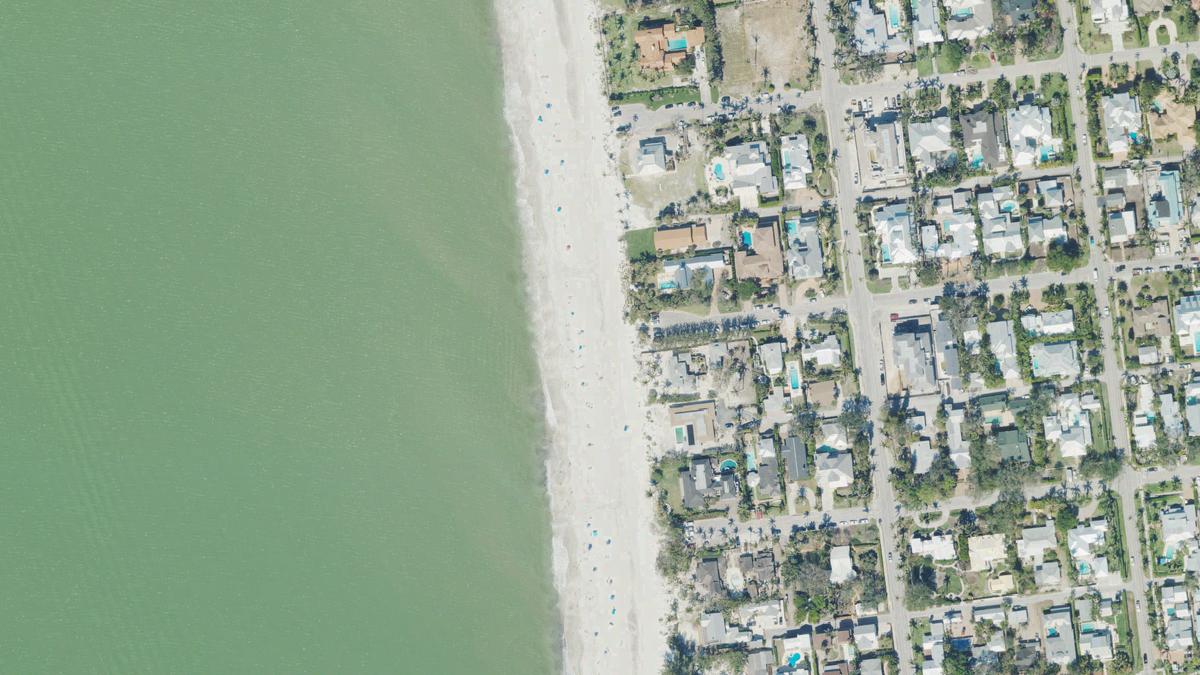 Aerial view of 10th Avenue South Beach in Naples, Florida, shoreline and surroundings, USDA NAIP imagery from May 2023