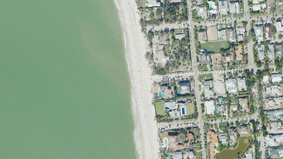 Aerial view of 15th Avenue South Beach in Naples, Florida, shoreline and surroundings, USDA NAIP imagery from May 2023