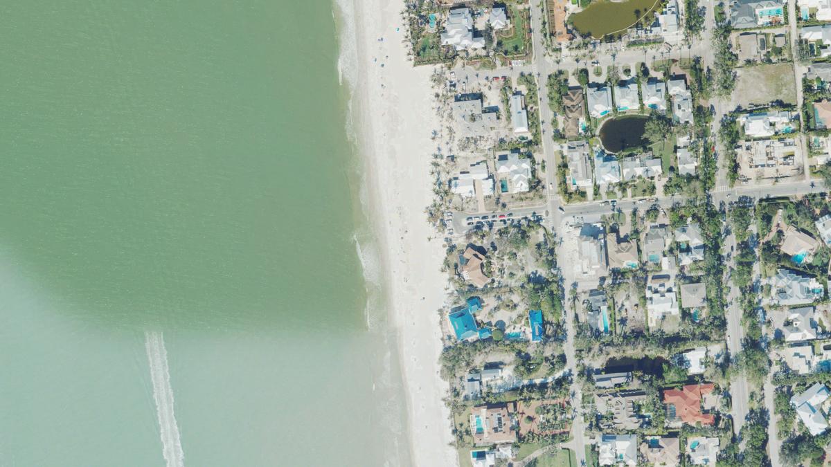 Aerial view of 18th Avenue South Beach in Naples, Florida, shoreline and surroundings, USDA NAIP imagery from May 2023