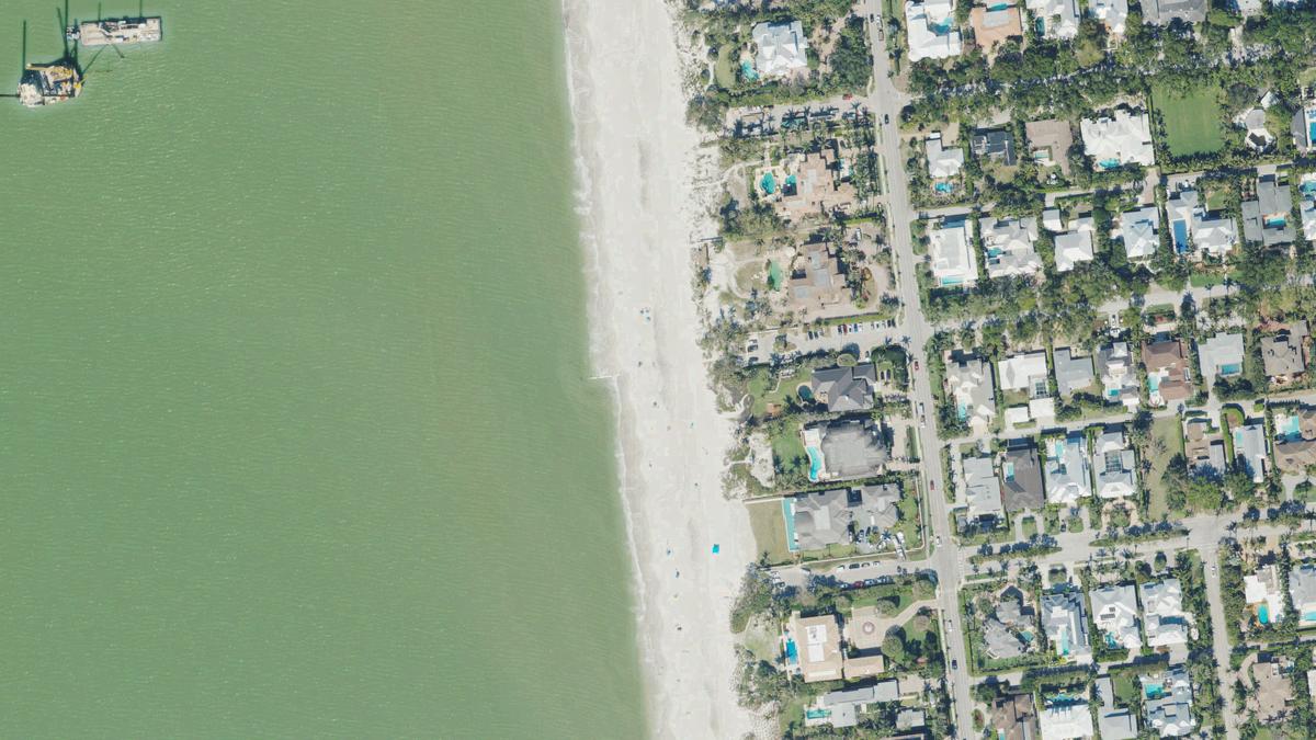 Aerial view of 1st Avenue North Beach in Naples, Florida, shoreline and surroundings, USDA NAIP imagery from May 2023