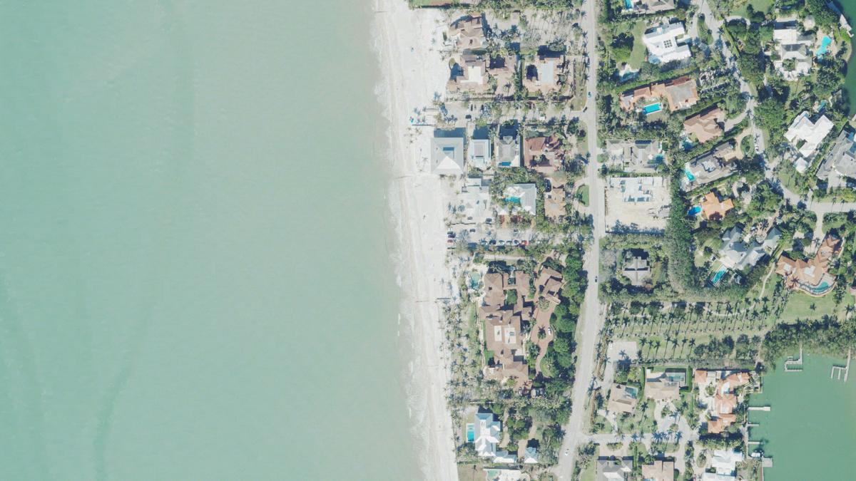 Aerial view of 33rd Avenue South Beach in Naples, Florida, shoreline and surroundings, USDA NAIP imagery from May 2023