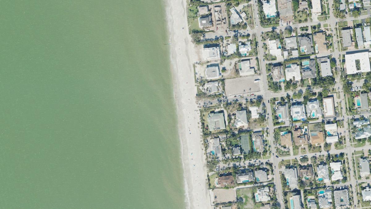 Aerial view of 3rd Avenue South Beach in Naples, Florida, shoreline and surroundings, USDA NAIP imagery from May 2023