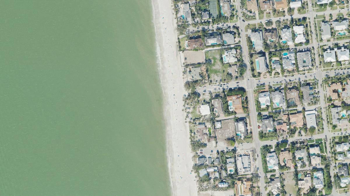 Aerial view of 5th Avenue South Beach in Naples, Florida, shoreline and surroundings, USDA NAIP imagery from May 2023