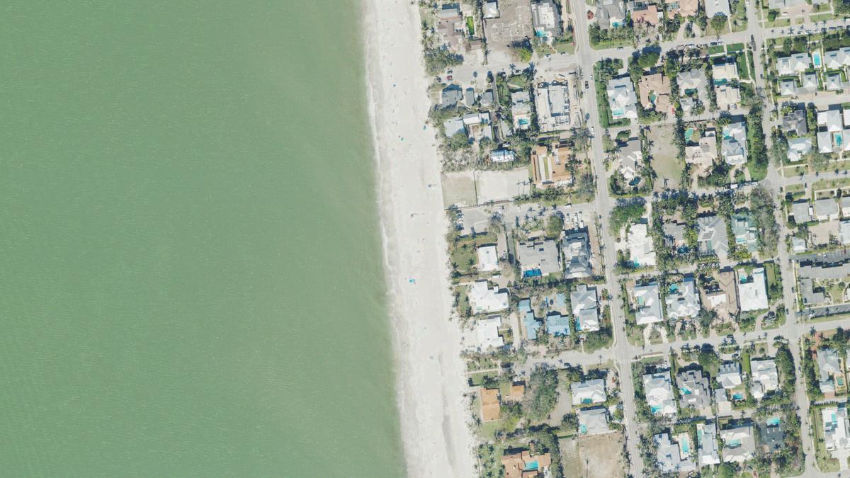 Aerial view of 7th Avenue South Beach in Naples, Florida, shoreline and surroundings, USDA NAIP imagery from May 2023