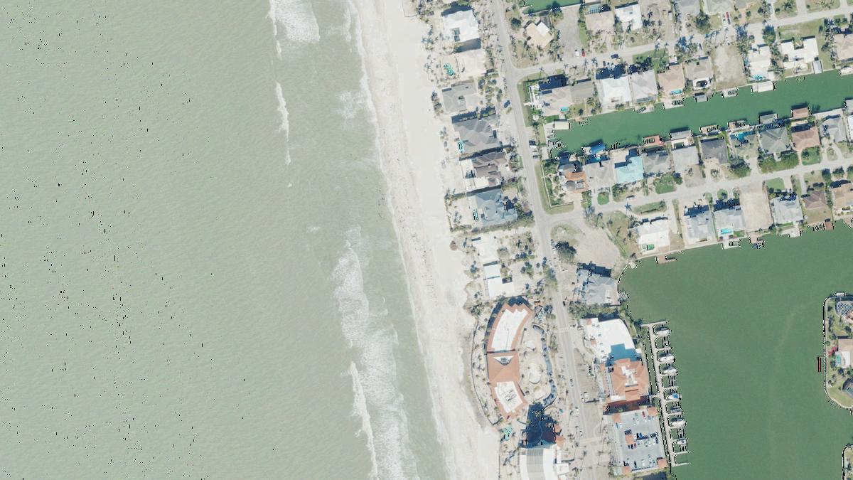 Aerial view of Bayview Avenue Beach in Naples, Florida, shoreline and surroundings, USDA NAIP imagery from May 2023