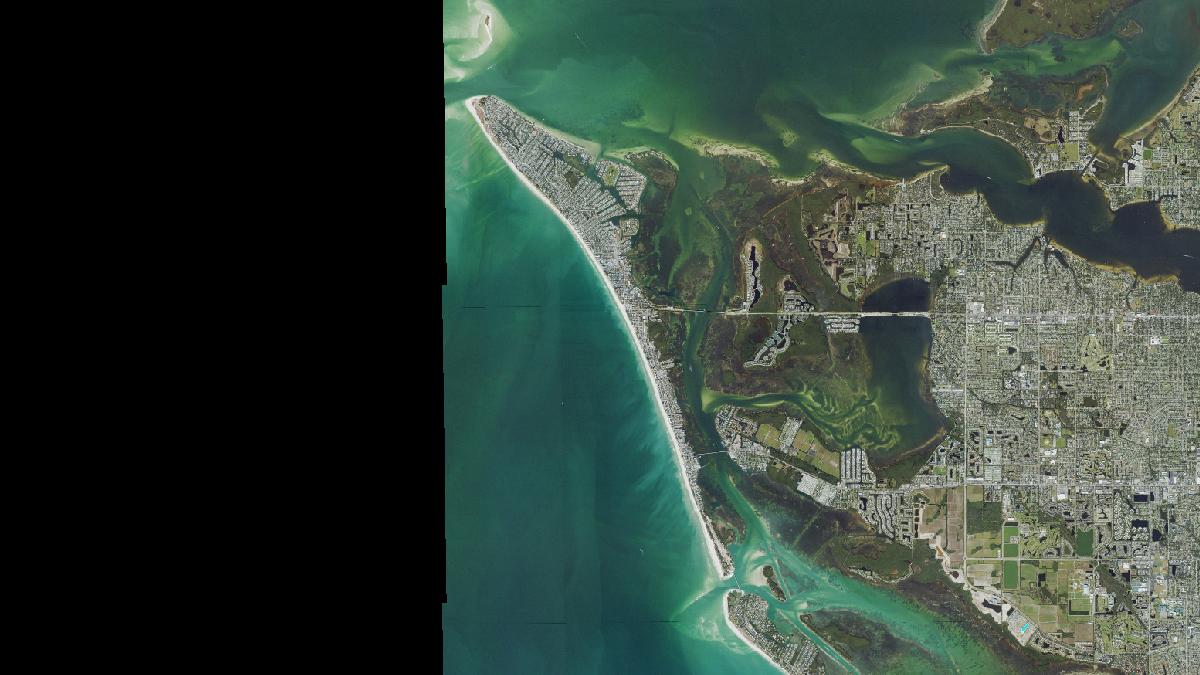 Aerial view of Bradenton Beach in Anna Maria Island, Florida, shoreline and surroundings, USDA NAIP imagery from May 2023