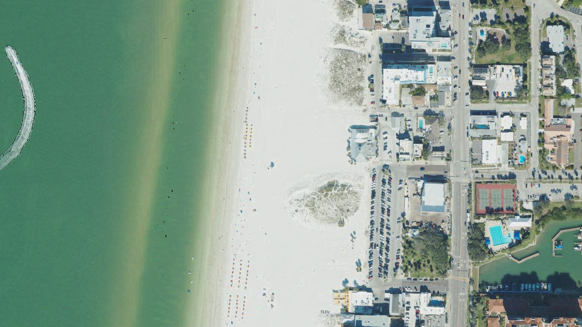 Aerial view of Clearwater Beach in Clearwater, Florida, shoreline and surroundings, USDA NAIP imagery from May 2023