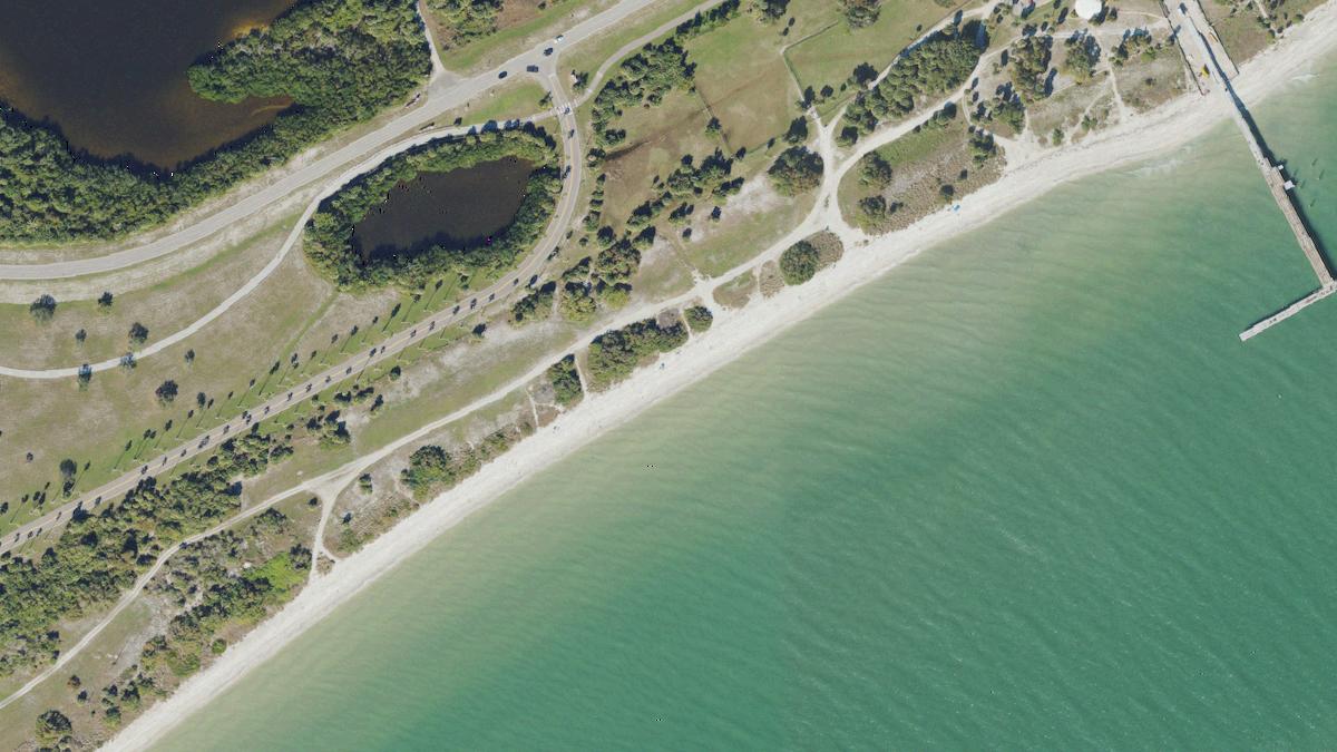 Aerial view of Dog Beach in Florida, shoreline and surroundings, USDA NAIP imagery from May 2023