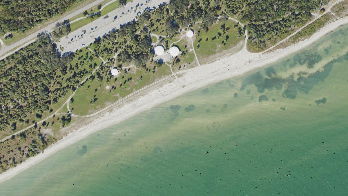 Aerial view of East Beach in Florida, shoreline and surroundings, USDA NAIP imagery from May 2023