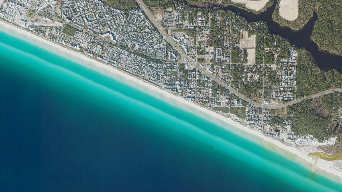 Aerial view of Eastern Green Beach in Santa Rosa Beach, Florida, shoreline and surroundings, USDA NAIP imagery from May 2023