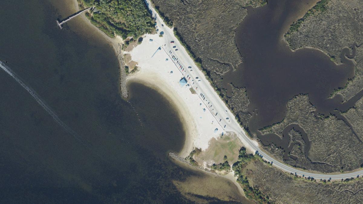 Aerial view of Fort Island Beach in Crystal River, Florida, shoreline and surroundings, USDA NAIP imagery from May 2023