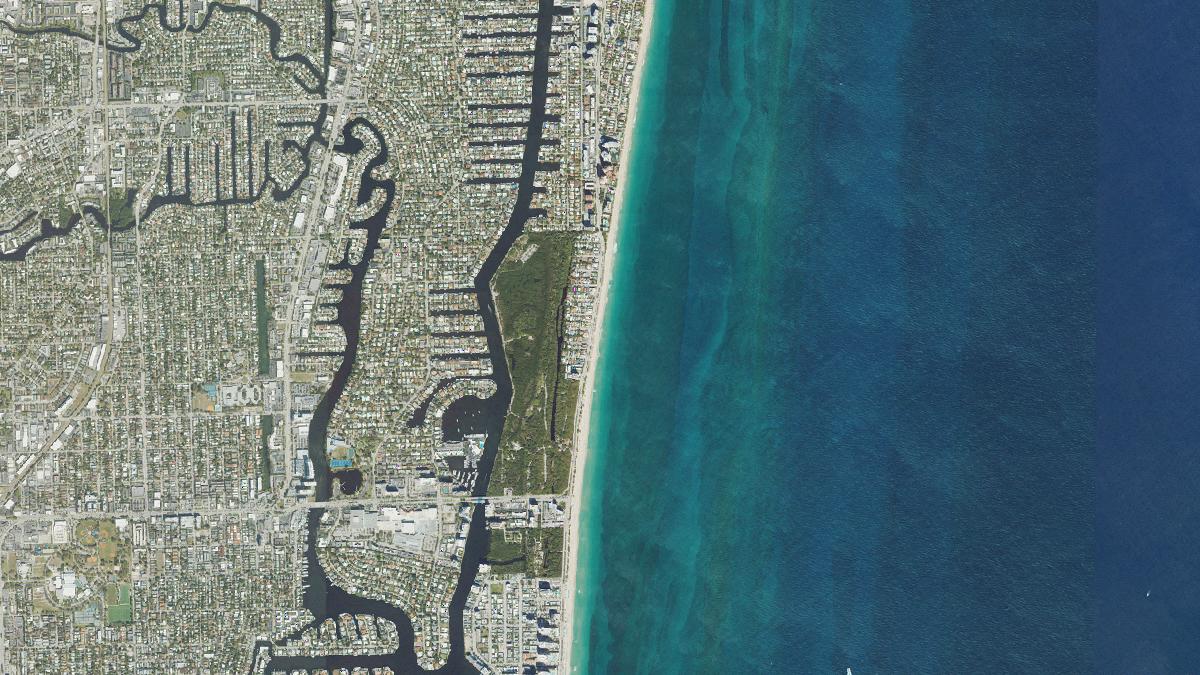 Aerial view of Fort Lauderdale Beach in Fort Lauderdale, Florida, shoreline and surroundings, USDA NAIP imagery from May 2023