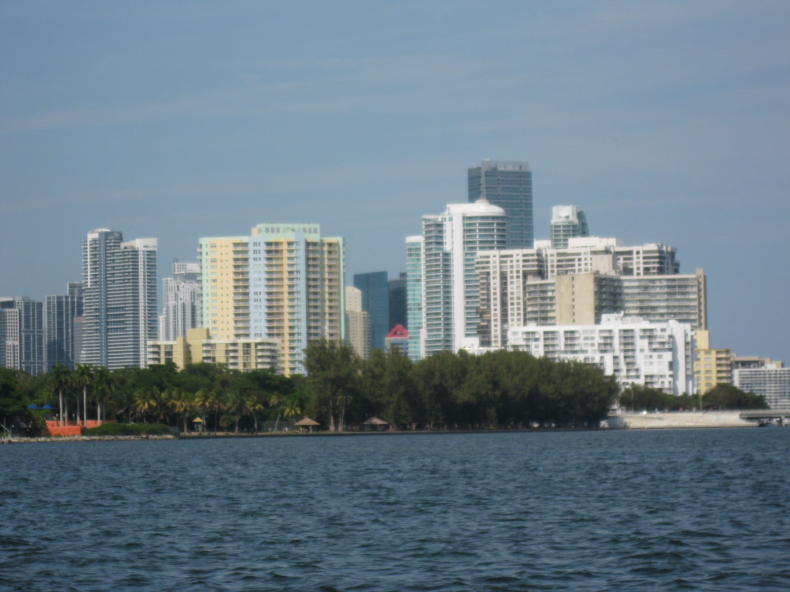 Hobie Island Beach: beachfront high-rise buildings and palm trees across water