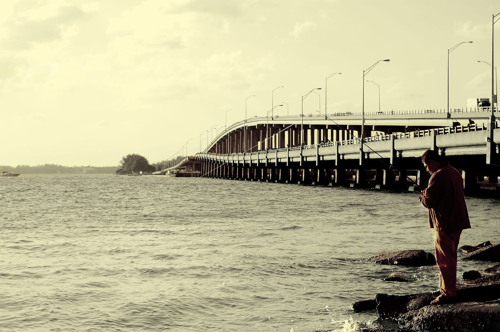 Hobie Island Beach Park: person fishing near long causeway bridge over water