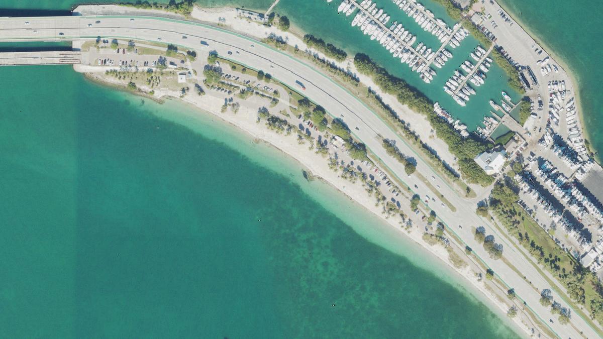 Aerial view of Hobie Island Beach Park in Miami, Florida, shoreline and surroundings, USDA NAIP imagery from May 2023