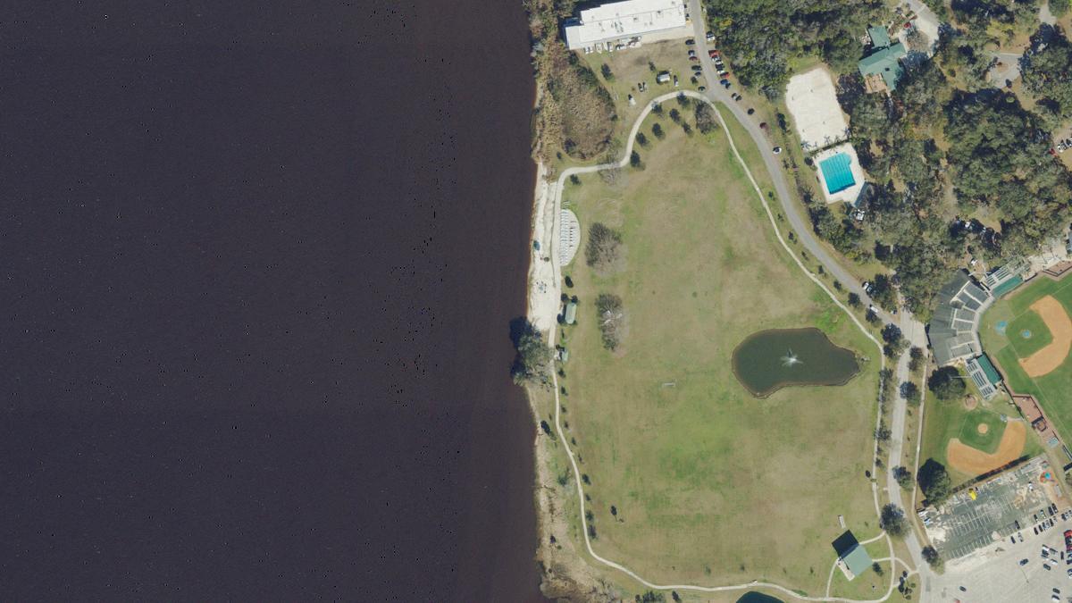 Aerial view of Kurzius Beach in Florida, shoreline and surroundings, USDA NAIP imagery from May 2023