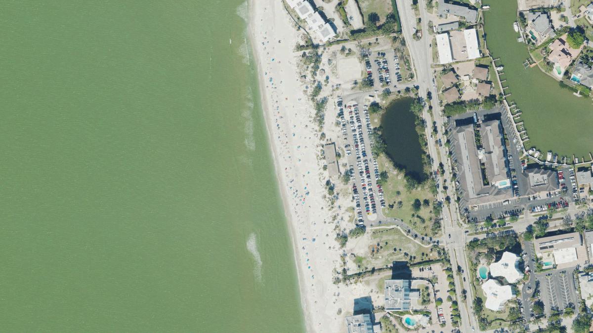 Aerial view of Lowdermilk Beach in Naples, Florida, shoreline and surroundings, USDA NAIP imagery from May 2023