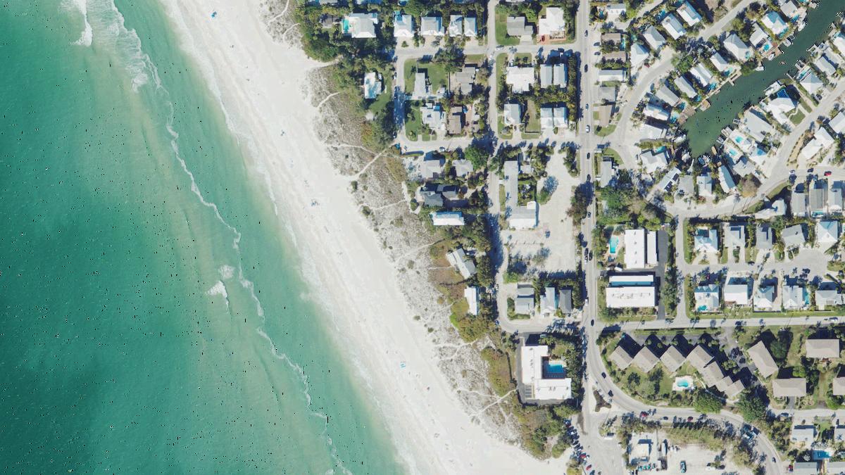 Aerial view of Manatee County Beach in Anna Maria Island, Florida, shoreline and surroundings, USDA NAIP imagery from May 2023