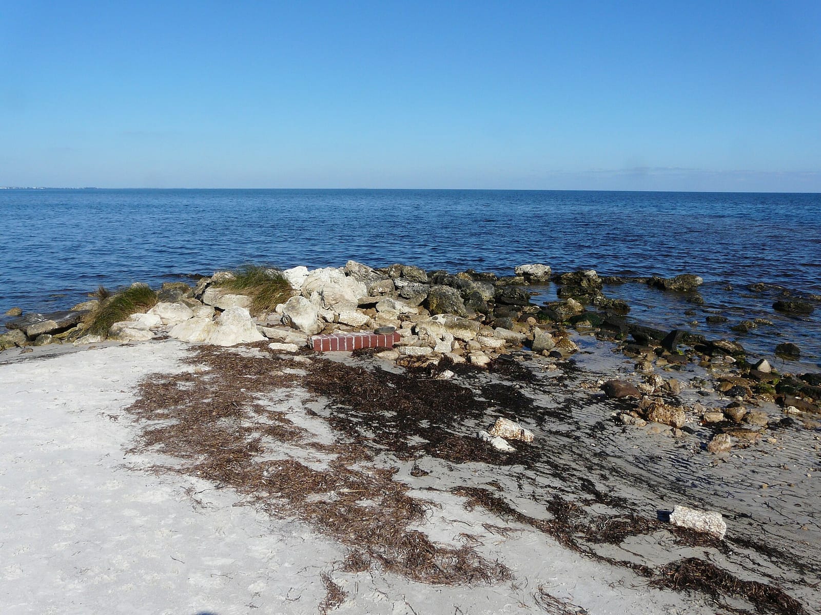 Mashes Sands Beach: sandy beach with rocks, seaweed, and calm blue water horizon