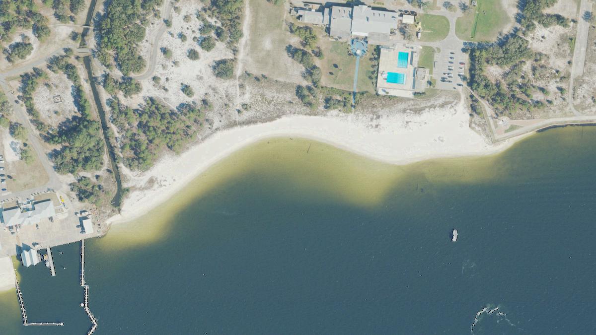Aerial view of Mustin Beach in Pensacola, Florida, shoreline and surroundings, USDA NAIP imagery from 2026