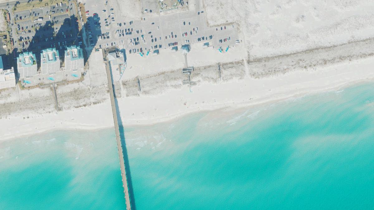 Aerial view of Navarre Beach in Navarre, Florida, shoreline and surroundings, USDA NAIP imagery from May 2023