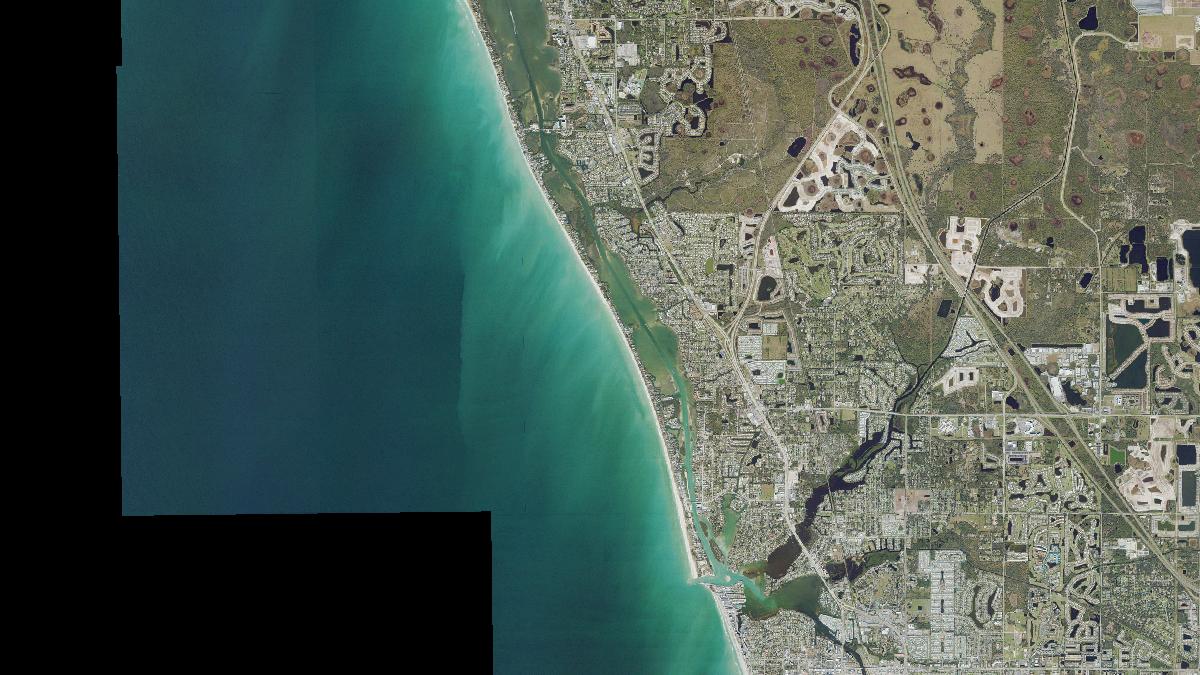 Aerial view of Nokomis Public Beach in Venice, Florida, shoreline and surroundings, USDA NAIP imagery from May 2023