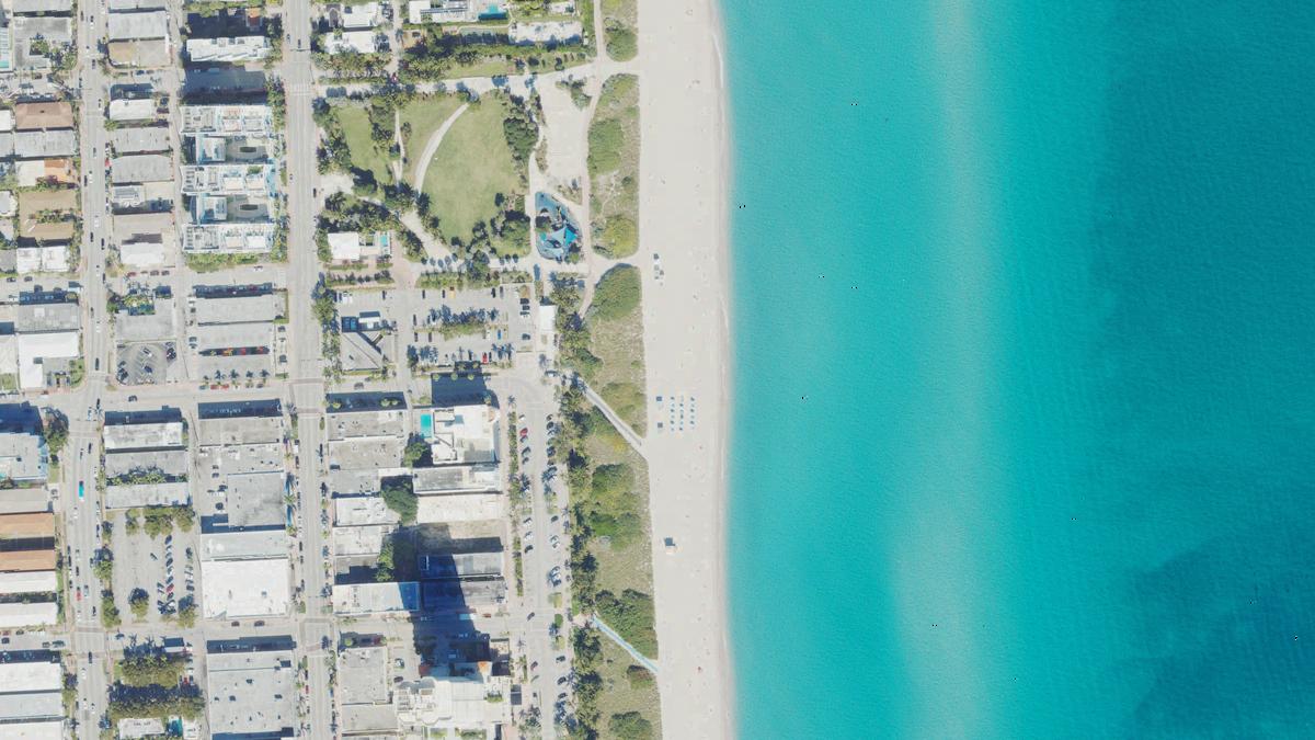 Aerial view of Ocean Terrace Public Beach in Miami Beach, Florida, shoreline and surroundings, USDA NAIP imagery from May 2023