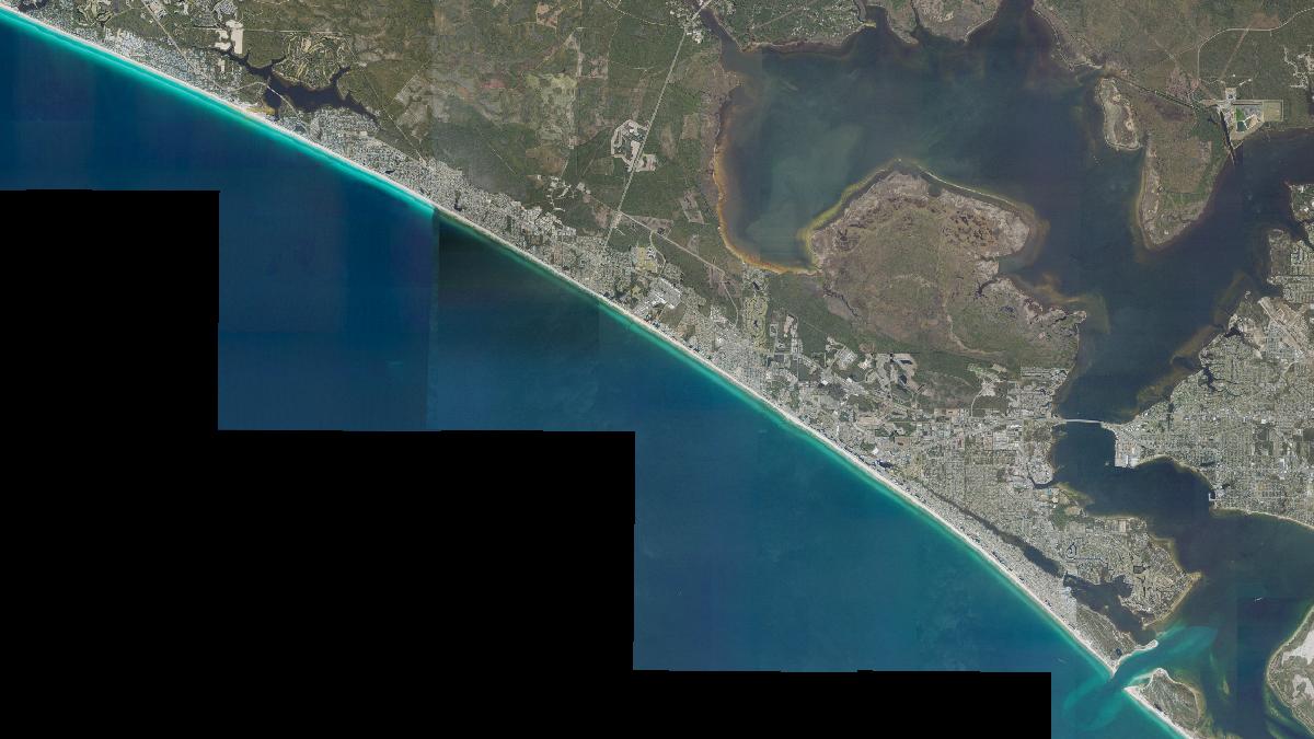 Aerial view of Panama City Beaches in Panama City Beach, Florida, shoreline and surroundings, USDA NAIP imagery from May 2023