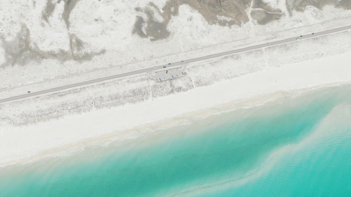 Aerial view of Park East On-Leash Dog Beach in Pensacola, Florida, shoreline and surroundings, USDA NAIP imagery from May 2023