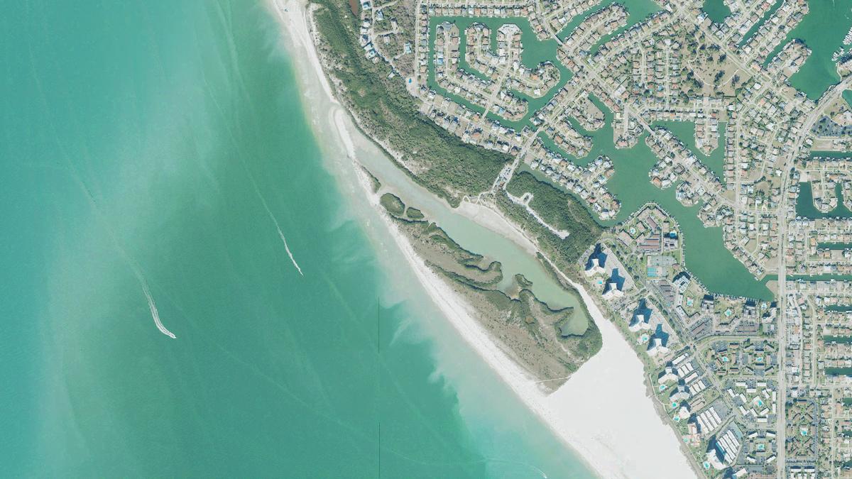 Aerial view of Sand Dollar Spit Beach and Landing in Marco Island, Florida, shoreline and surroundings, USDA NAIP imagery from May 2023