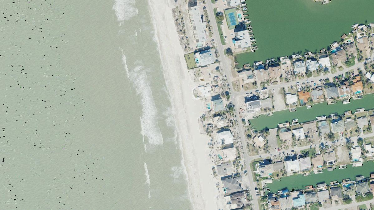 Aerial view of Seabreeze Avenue Beach in Florida, shoreline and surroundings, USDA NAIP imagery from May 2023