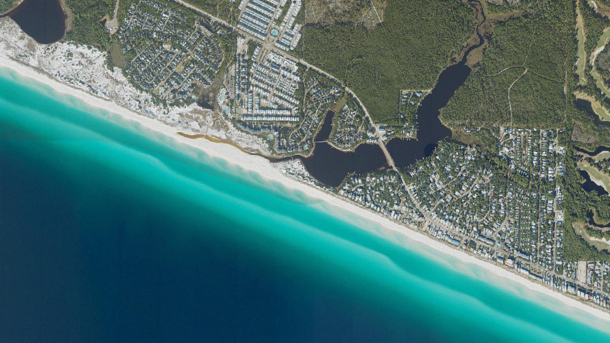 Aerial view of Seacrest Beach in Santa Rosa Beach, Florida, shoreline and surroundings, USDA NAIP imagery from May 2023