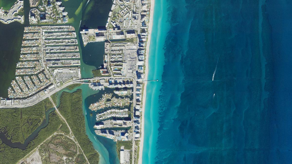 Aerial view of Sunny Isles Beach in Florida, shoreline and surroundings, USDA NAIP imagery from May 2023