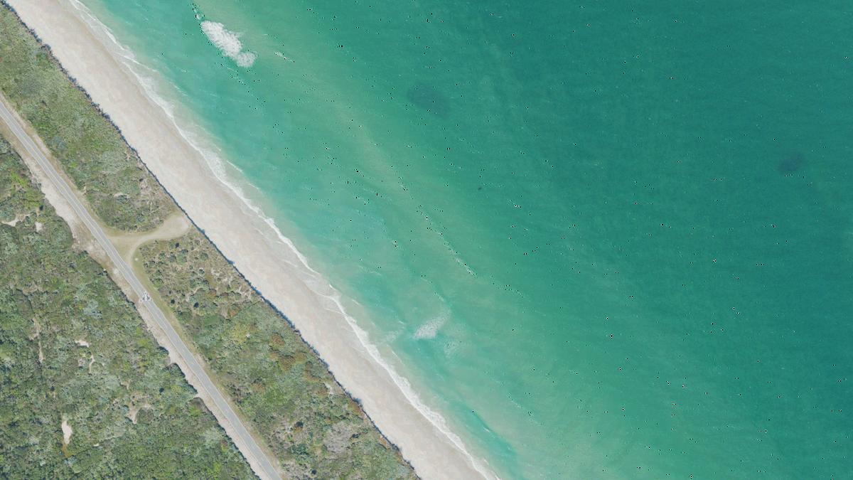 Aerial view of Titusville Beach in Florida, shoreline and surroundings, USDA NAIP imagery from May 2023